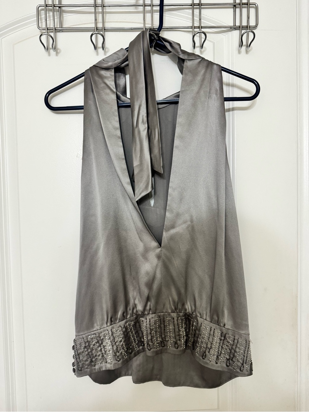 BCBGMaxAzria Silver Satin Halter Top with Beaded Hem